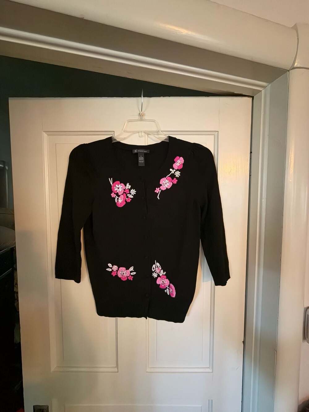 INC International Concepts Cardigan Size M Black Floral Embroidered Knit
